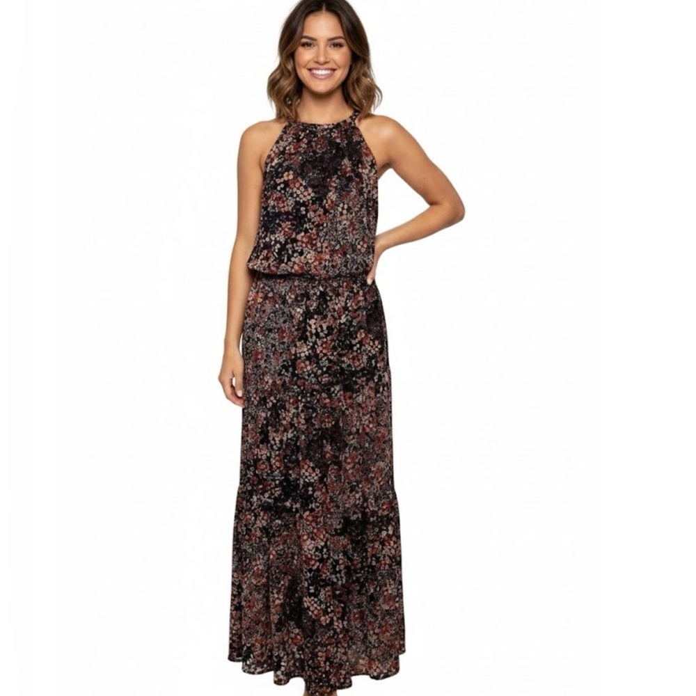 Nicole Miller Navy Floral Halter Maxi Dress Size 12 NWT
